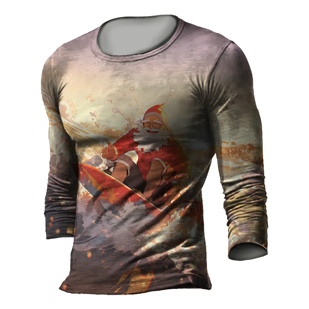 

Autumn And Winter Models Men'S Long-Sleeved Top T-Shirt 3d Printing Father Christmas Pattern Casual Comfortable O-Neck Oversized