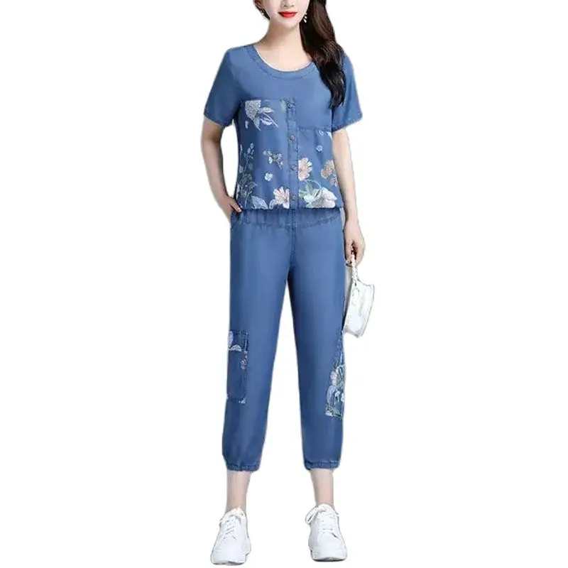 

Casual Fashion Sports Suit Summer New Aged And Elderly Mothers Trousers Two-Piece Suit Aummer New 2023 Belly-Covering And Suit