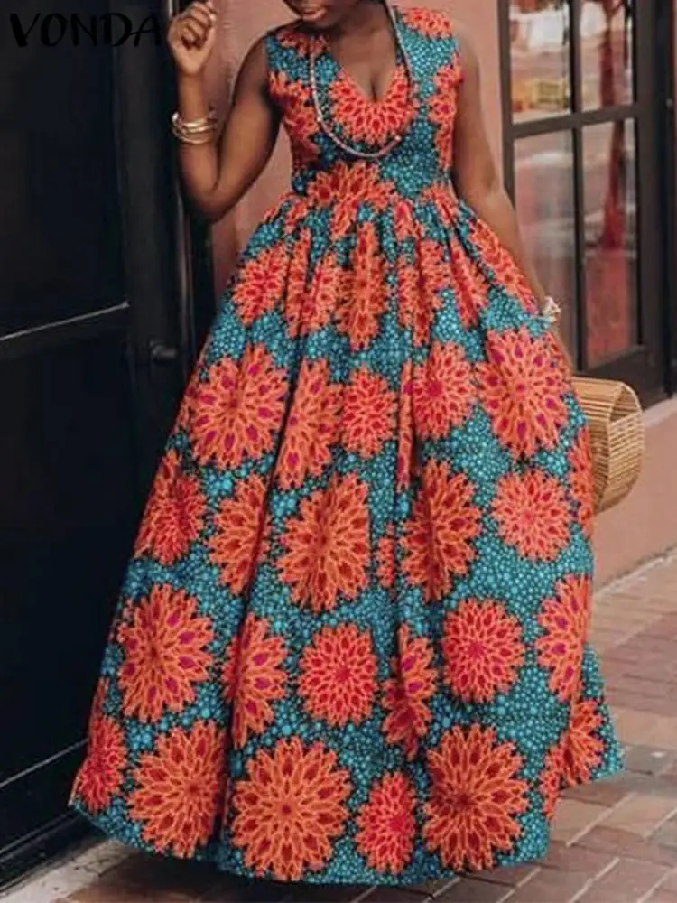 

Women Summer Dress 2023 VONDA Sexy V Neck Sleeveless Long Maxi Tank Dress Vintage Printed Party Sundress Fashion Evening Vestido