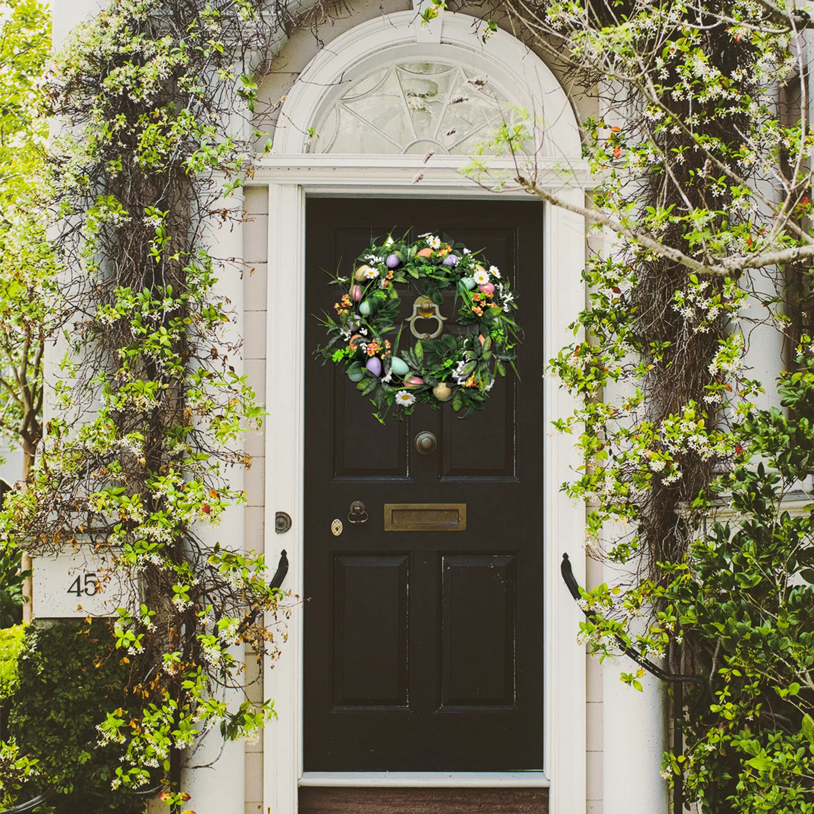 

Искусственные весенние пасхальные растения на стену входной двери, 45 см/18 дюймов, цветочная гирлянда с разноцветными яйцами, смешанные цвет...