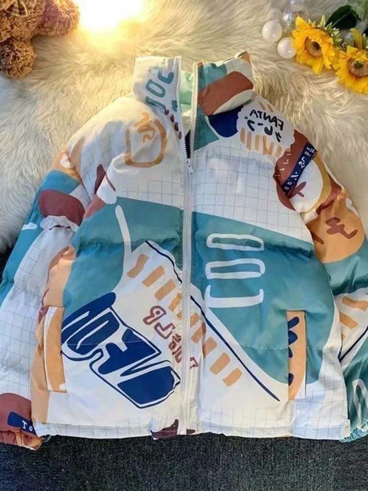 

ZOKI толстые женские парки, уличная одежда с принтом граффити, зимняя стеганая куртка с хлопковой подкладкой, теплые корейские свободные женские пальто на молнии, Новинка