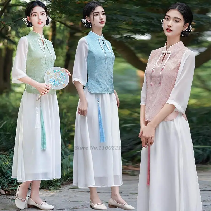 

2023 china traditional tang suit casual vintage hanfu blouse chinese style harakuju satin jacquard women full sleeve qipao tops