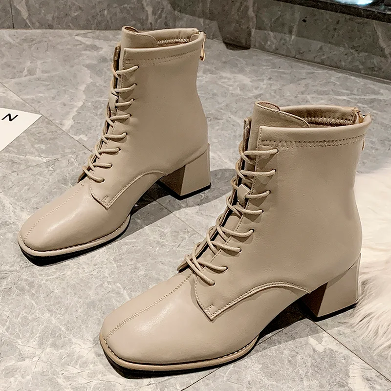 

High Heel Boots 2021 New PU Leather Women's Shoes with Round Toe Zipper Handmade Simple Ankle Platform Boots Ankle Boots Women