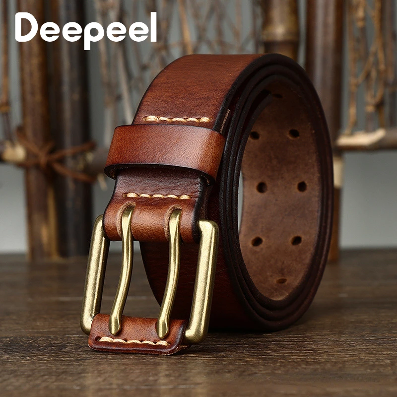 Men's Leather Belt 3.8cm*105-125cm Double Pin Buckle Belts Top Layer Cowhide Genuine Vintage Copper Decor Jeans Male Waistband