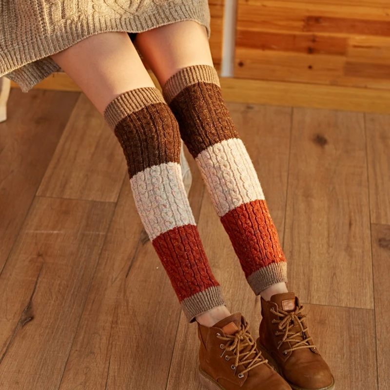 

Women Winter Chunky Twist Cable Knit Leg Warmers Japanese Style Triple Colorblock Stitching Boot Cuffs Cover Faux Wool Thicken