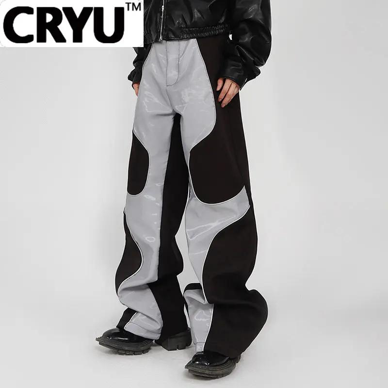 

CRYU Niche Design PU Leather Patchwork Men Trousers High Street Straight Pants 2023 Contrast Color Autumn Winter Fashion 9A5968