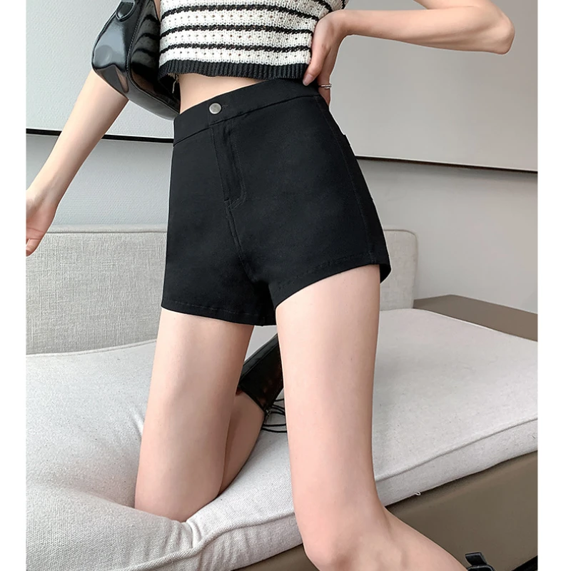Single Buckle Three-point Women Shorts Fashion High Elasticity 2023 Summer Black High Waist Outside Wear Hot Pants Spice Girls