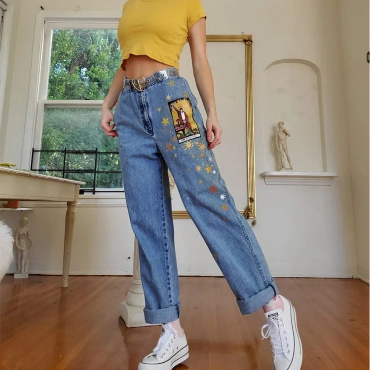 

Vintage Women‘s Jeans Pants Mid-waist new leisure printing Pattern Young Girl Denim Trousers Summer Autumn Female Cute Cartoon