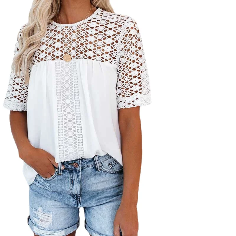 

Fashion Women Loose Casual Round Neck Short Sleeve Solid Color Lace Hollow Chiffon T-Shirt Ladies Top