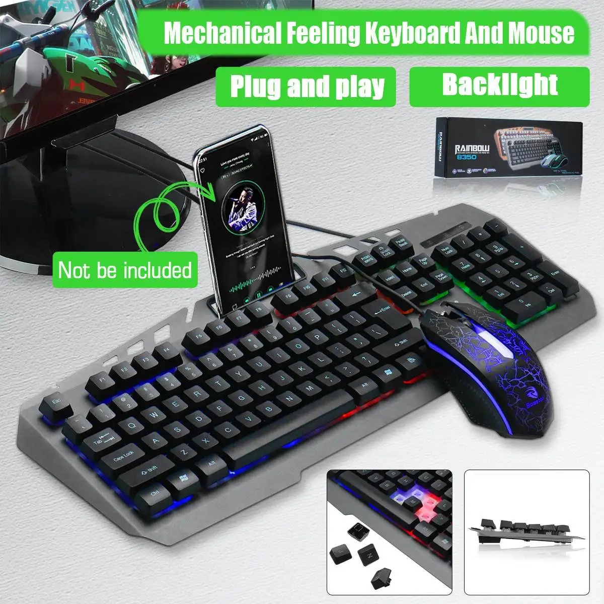 

HOT 104 keys USB Wired RGB Backlit Waterproof Hovering Keycap Mechanical Gaming Keyboard or Keyboard and Mouse Set