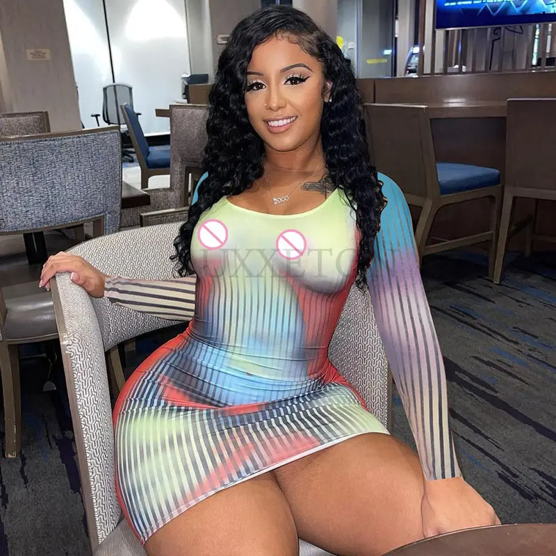 

Colorful Long Sleeves O Neck Print Patchwork Sexy Skinny Mini Dress Fall Women Casual Party Bodycon Dress