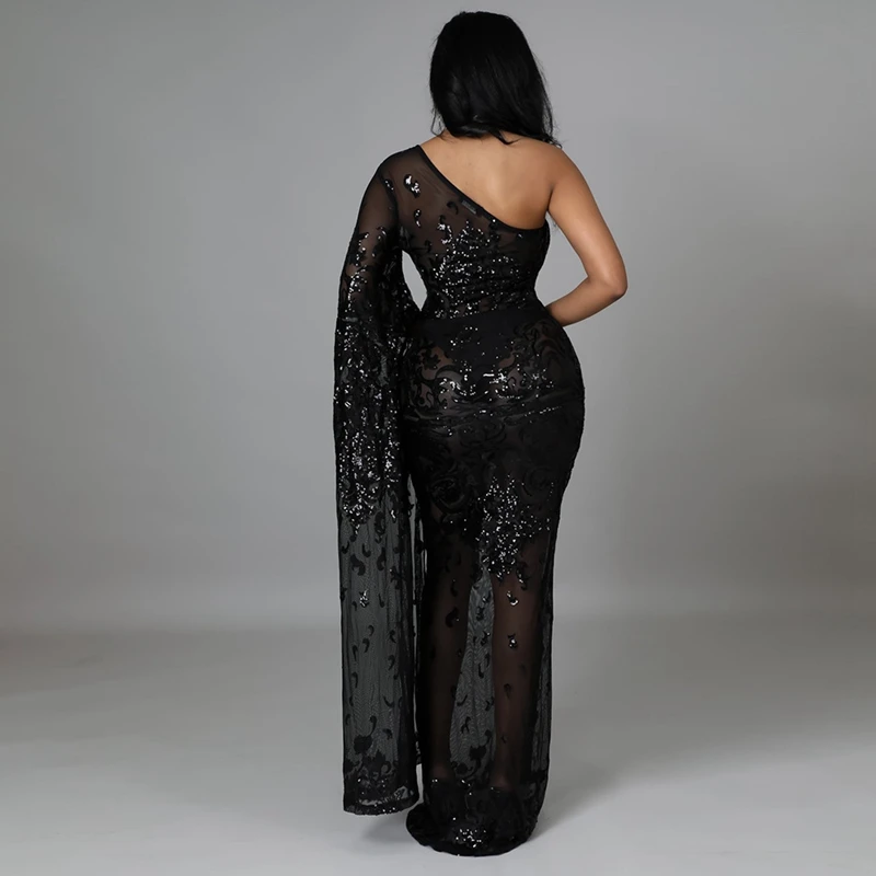 Sparkly Sequin Evening Sexy Dresses Women Long Sleeve One Shoulder Sheer Mesh Maxi Bodycon Dress Wedding Night Club Party Dress