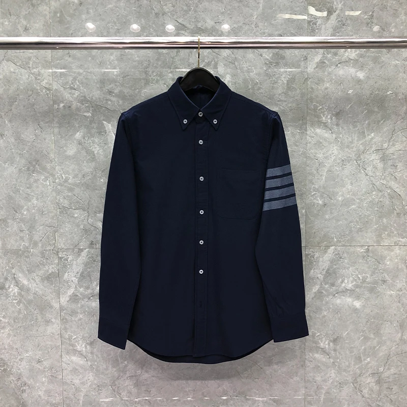 TB THOM Men's Shirt Navy Fashion Top Brand 4-Bar Gray Stripes Casual Oxford Fine Cotton Long Sleeve High Quality Women's Shirts