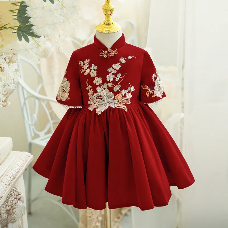 

One year old dress wine red host flower boy foreign style high-end baby girl 100 days princess dress