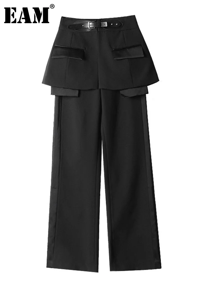 

[EAM] 2022 New Spring Autumn High Waist Black Belt Split Joint Personality Loose Pants Women Trousers Fashion Tide JQ781