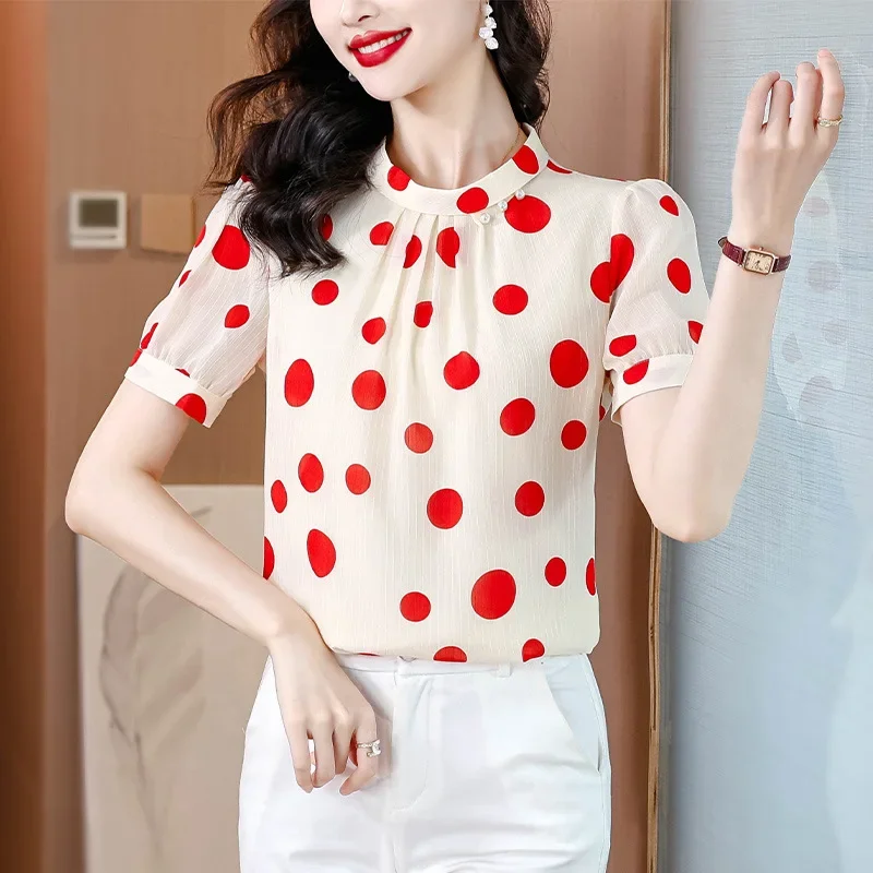 Модная шифоновая блузка в горошек с коротким рукавом женская летняя Новинка 2024