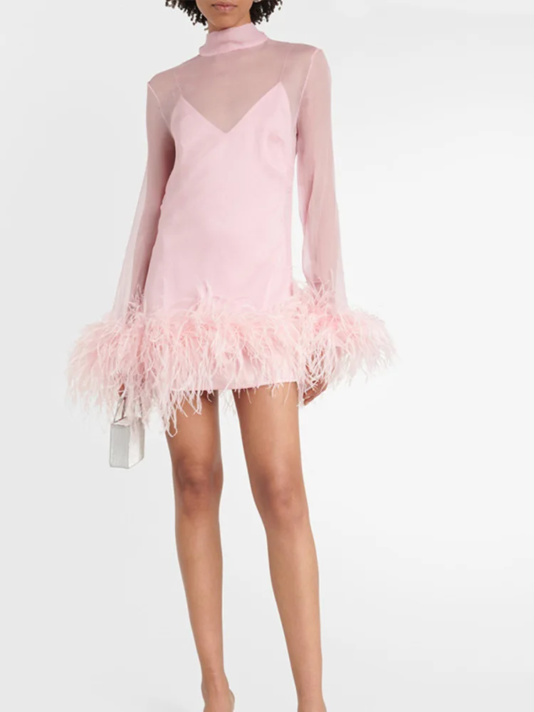 Новинка лета 2024 танцевальное платье с перьями модель джазовый костюм сетчатый