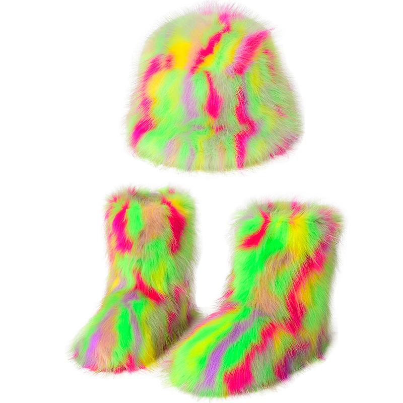 

2023 Winter Faux Fur Thickened Fisherman Hat Boots Set Women Plush Furry Colorful Warm Snow Boots Outdoor Windbreak Cozy Boots