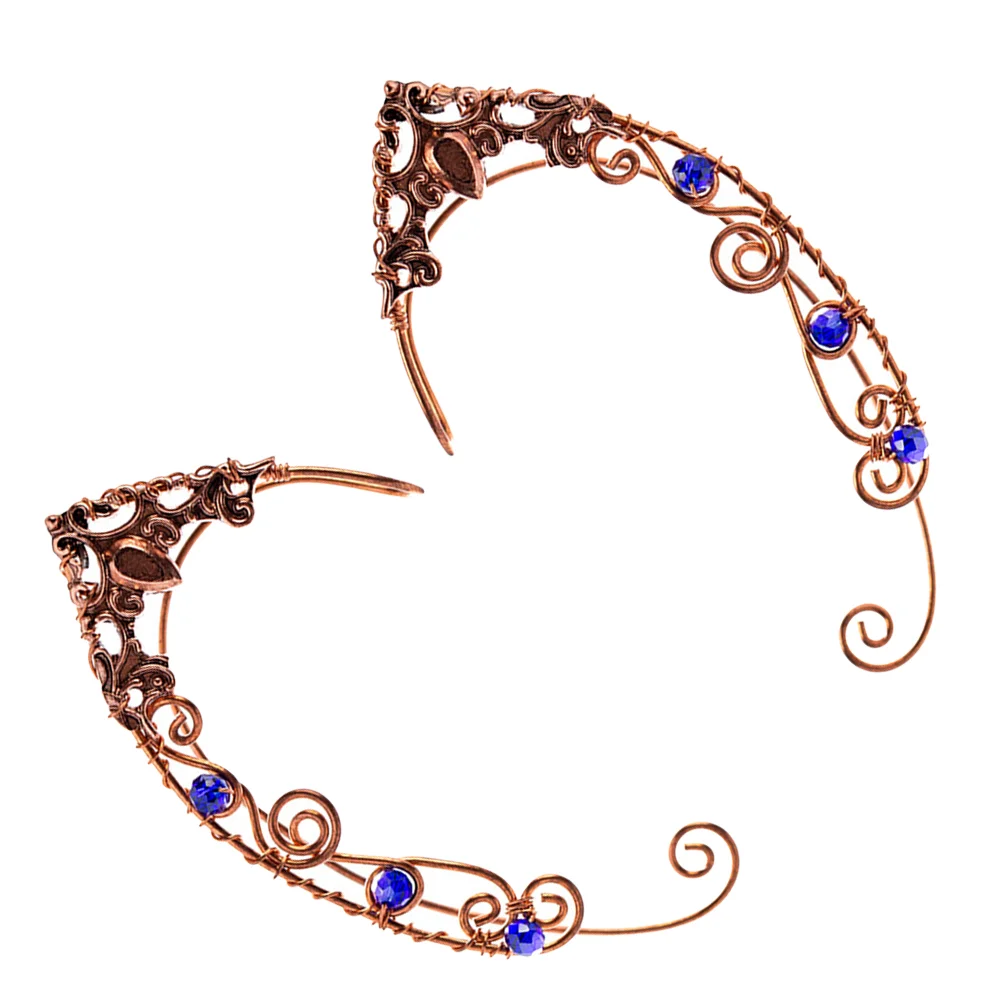 

2 Pcs Metallic Line Elf Earrings Miss Tassel Women Rhinestone Clip Matching Jewelry