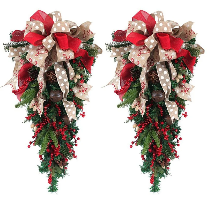 

2X Christmas Ornament Swag Wreath Ribbon Pine Cone Door Mount Teardrop Swag Wreath Outdoor Hanging Wall Decoration