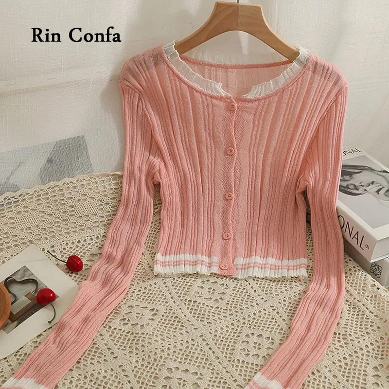 

Rin Confa Vertical Stripes Thin Top Women New Assorted Colors Low Neck Curling Shape Cardigan T-Shirt Chic Knitting Tops