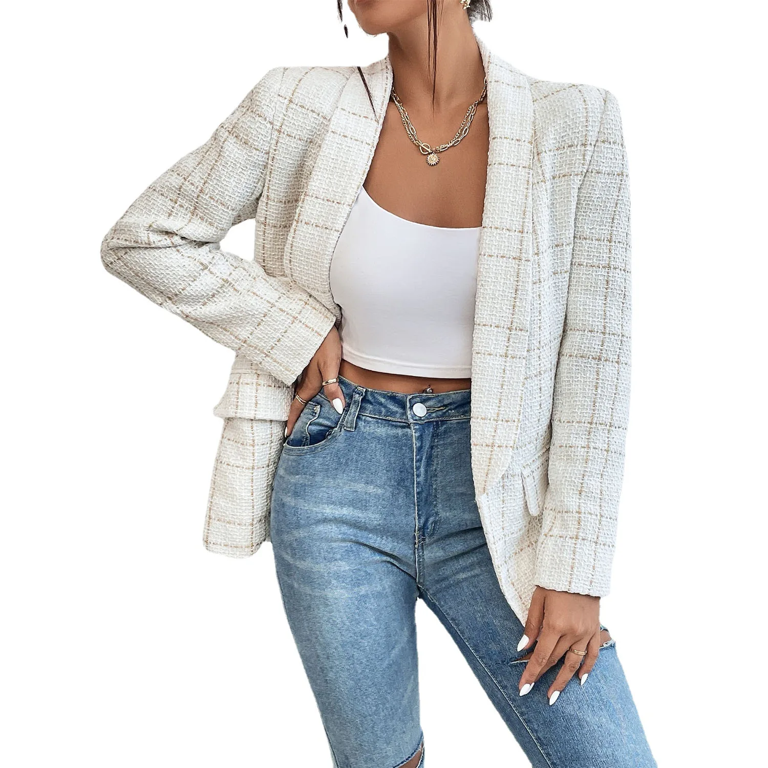 2023 Autumn and Winter Plaid Turtleneck Long Sleeved Cropped Blazer for Women Elegant Solid Color Jacket Women Coats