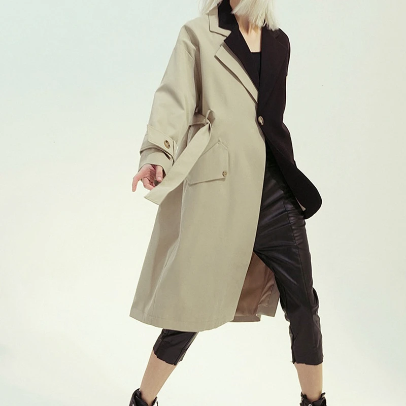 

Women Big Size Asymmetrical Trench Coat New Lapel Long Sleeve Loose Fit Windbreaker Fashion Spring Autumn