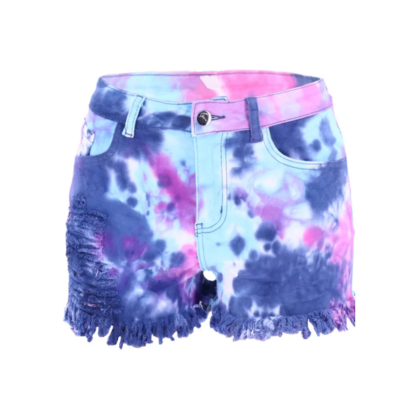 Summer tie dyed tassel leg hole loose women's Denim Shorts jeans hole sexy casual mix color short jeans