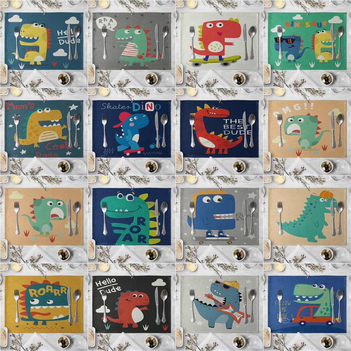 

Cartoon Children Dinosaur Pattern Placemat Cotton Linen Fabric Table Mats Family Dinner Tableware Kitchen Table Mat