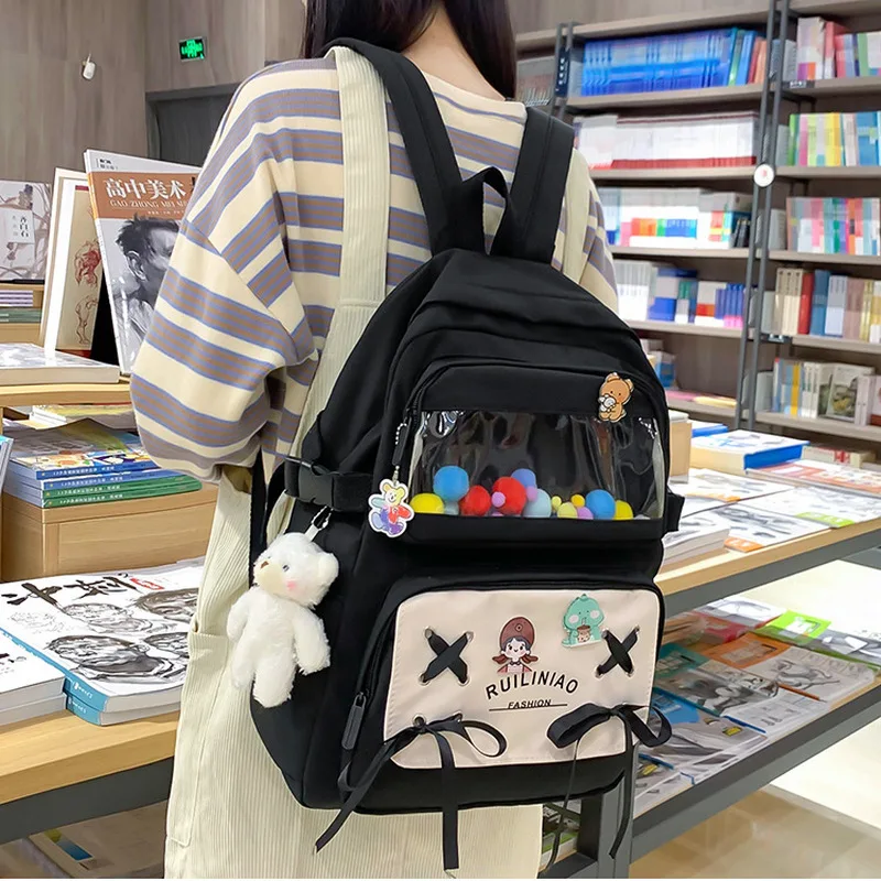 Рюкзак средней школы для девочек-подростков, милая школьная сумка с милым бантом, Женская нейлоновая черная Корейская книжная сумка, повсед...