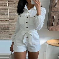womens casual white jumpsuit 2022 summer new turn down collar single breasted woman lace up jumpsuits