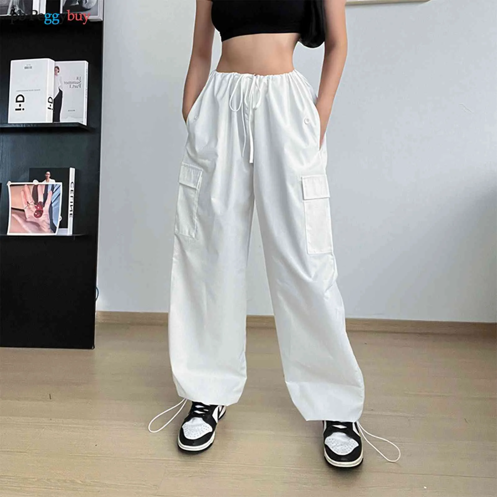 

Y2K Ladies Trousers Pocket Women Straight Trousers Loose Solid Color Drawstring Hip-Hop Fashion Summer Joggers Overalls