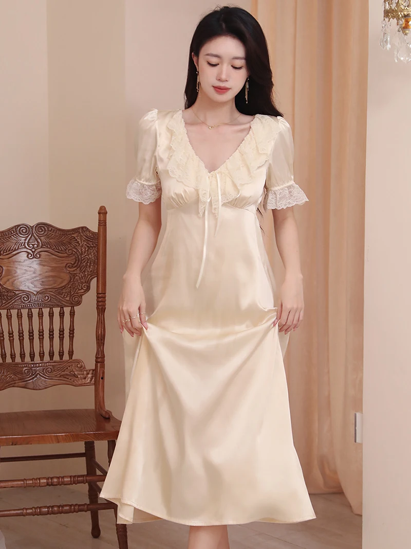 Women Femme Summer French Vintage Princess Sexy Gown Nightdress Short Sleeve V-Neck Ruffles Lace-up Home Pajamas Fairy Sleepwear