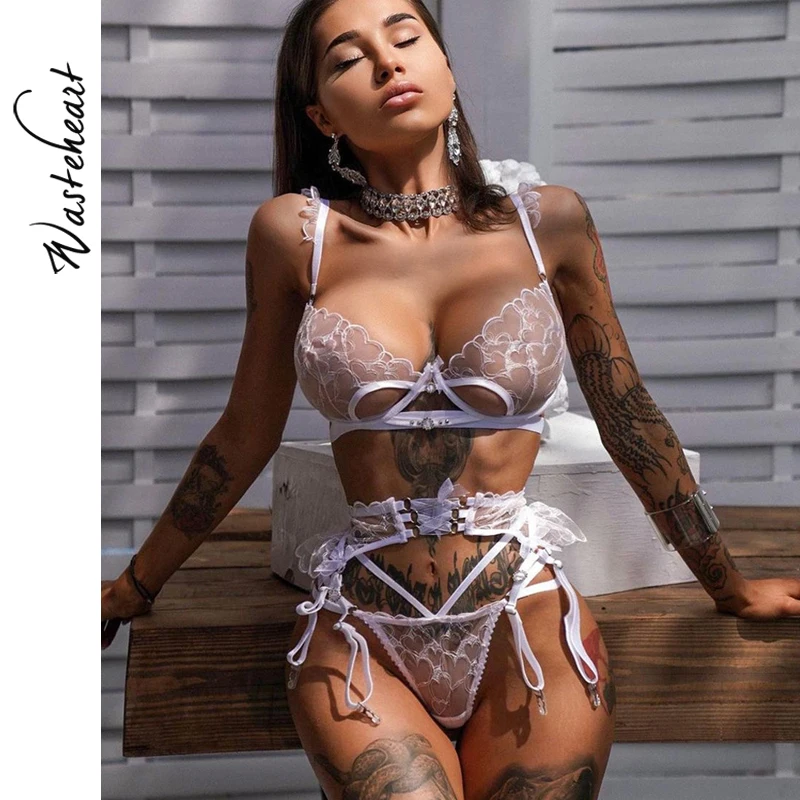 

Wasteheart White For Women Garter Lace Panties Push Up Padded Bra Sets Underwear 3 Piece Sexy Lingerie Exotic Sets