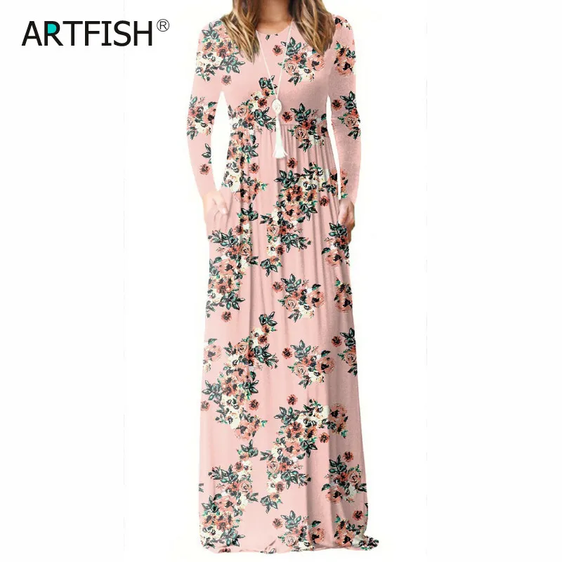 

2022 Women Long Sleeve Maxi Long Dresses Femme Summer Floral Printed A-line Dress Female Boho Beach Sundress Pockets GV083