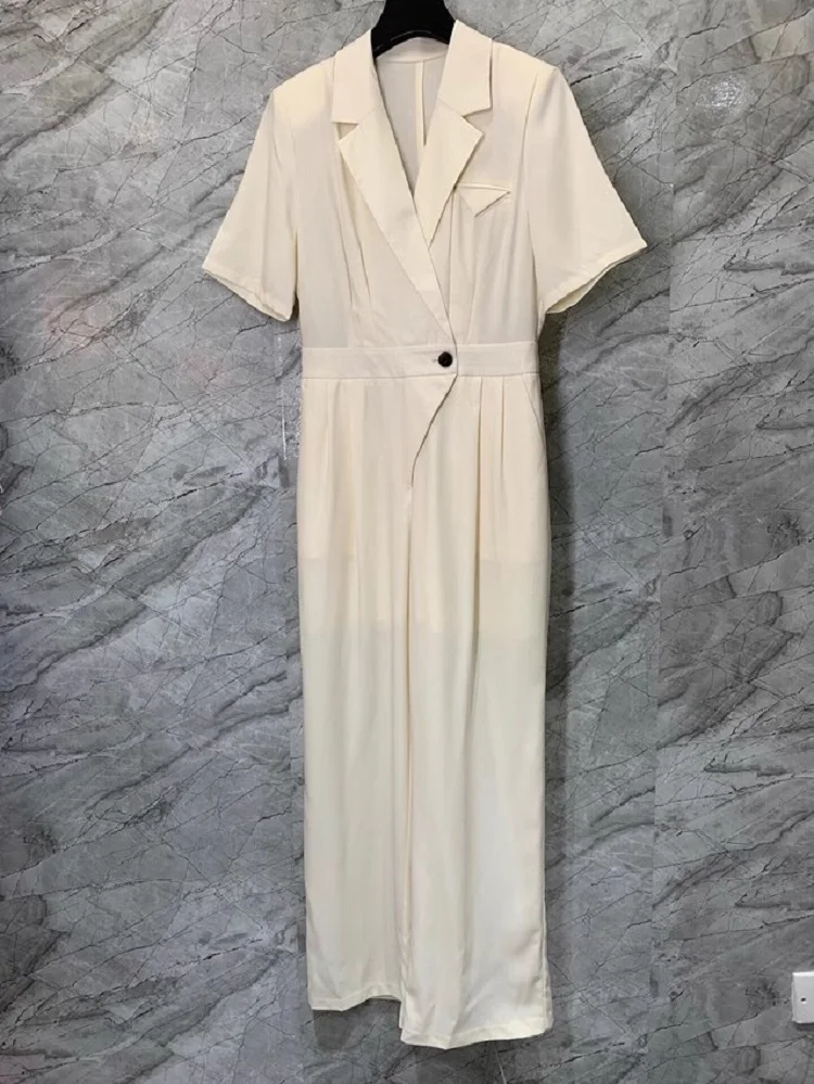 

Top Quality New Long Jumpsuits 2023 Summer Style Women Notched Collar Button Waist Short Sleeve Full Length Beige Black Jumpsuit