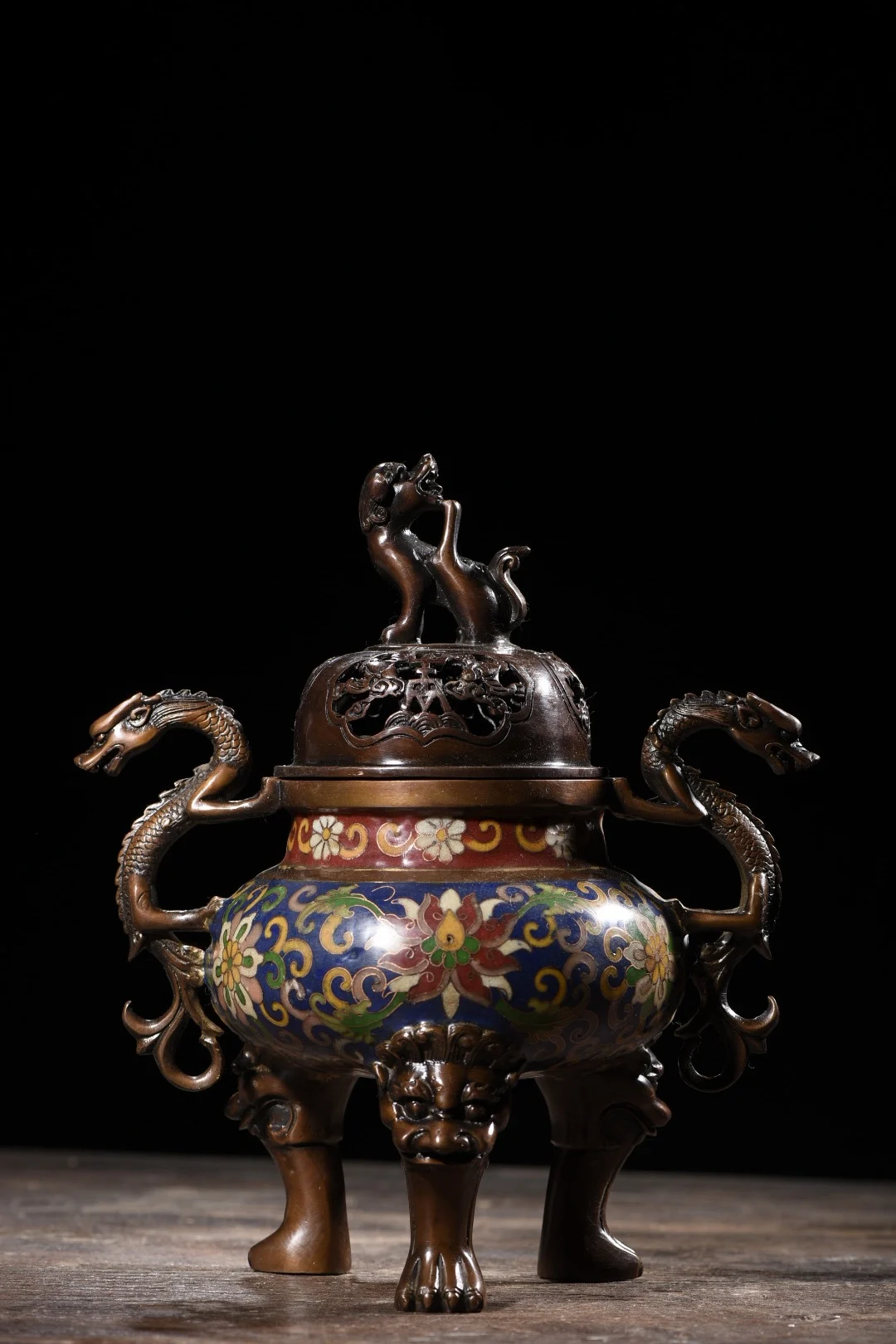 

10" Tibetan Temple Collection Old Purple Bronze Cloisonne lion dragon ear rich flowers three-legged incense burner Town house