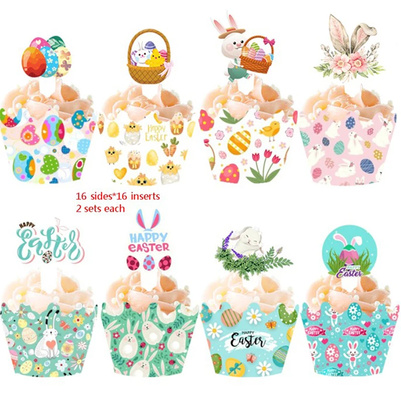 

32pcs/set Easter Cupcake Wrapper Paper Rabbit Flower Cake Topper Surrounding Bunny Egg Baking Supplies Party Birthday Decoration