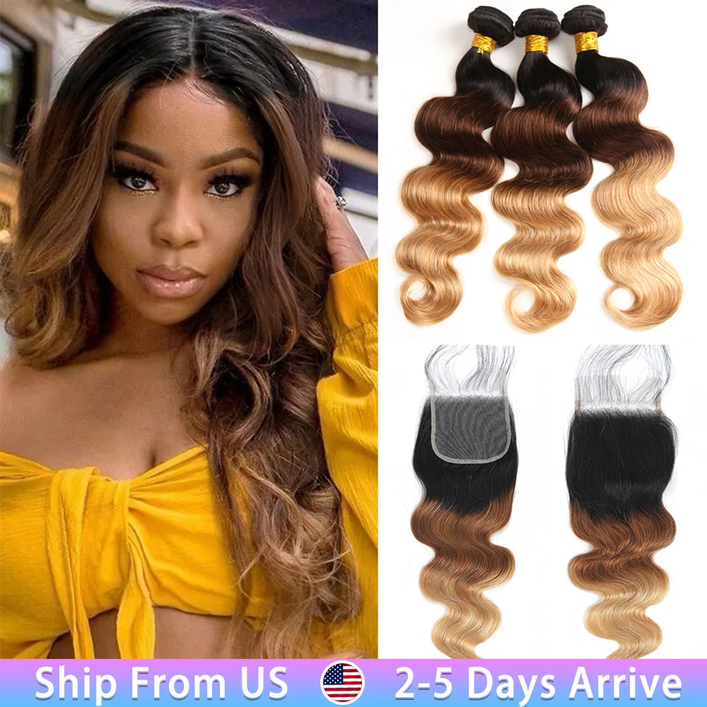 Ed Brazilian Body Wave Hair Weave Bundles With Closure Blonde 1b/4/27 Remy Ombre Human Bundles With Hd Lace Frontal Closure