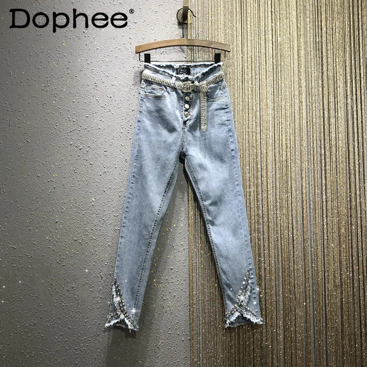 

Джинсы женские Стрейчевые из хлопка с бриллиантами и бусинами, с необработанным подолом и завышенной талией, брюки-карандаш из денима, весн...