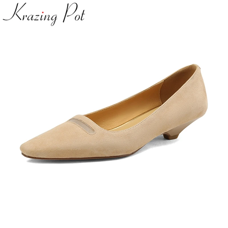 

Krazing Pot Big Size 42 Genuine Leather Slip on Med Heels Square Toe Office Lady Spring Shoes Solid Shallow Concise Women Pumps