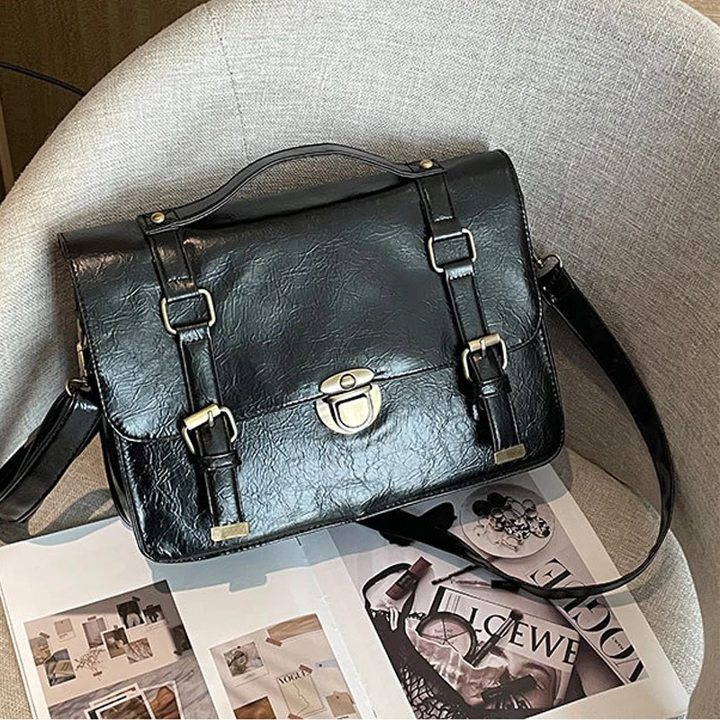 

Preppy Style Satchels Bags for Women Leisure Fashion College Student Bag Crossbody Messenger Bag Black PU Leather Buckle Bag