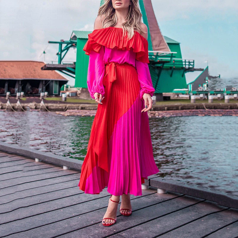 

MOONBIFFY Woman Long Sleeve Dress Hit Color Pleated Ruffed With Sashes Slim Slash Neck Casual Style 2022 New Summer Fashion