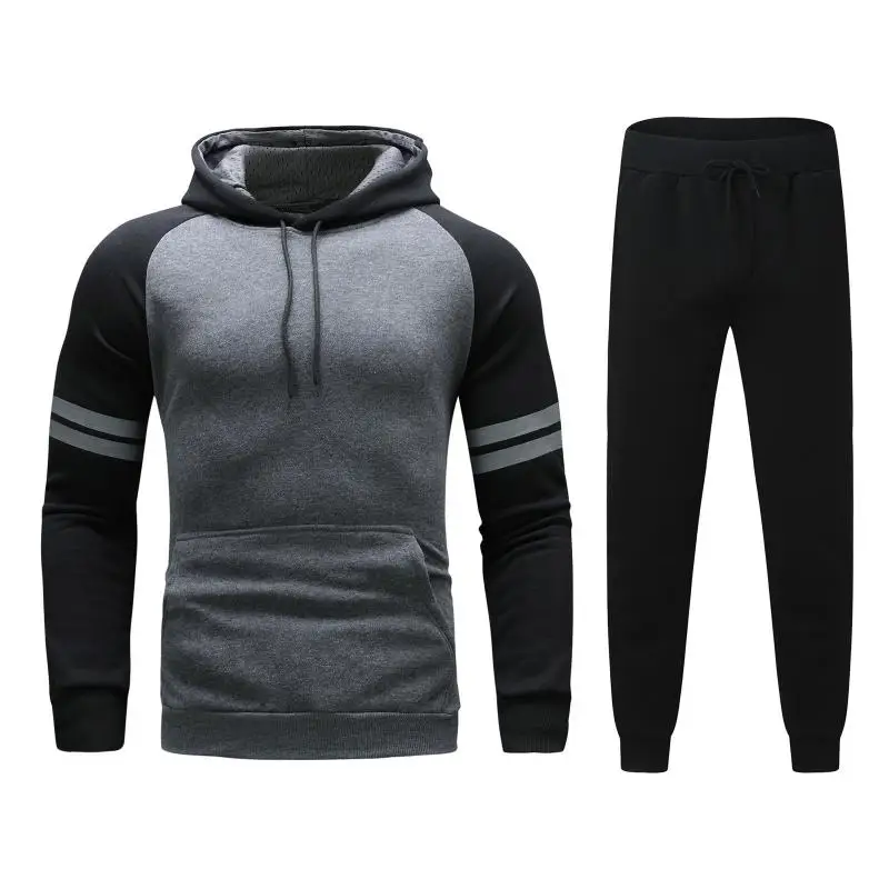 Men's Two Piece Suits Hooded Tracksuit Solid Color Loose Sportswear Male Striped Pullover Tops and Drawstring Pants Casual Sets
