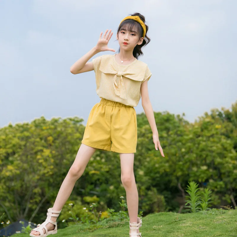 

Girls Shorts Clothing Sets 2022 Summer Kids Bow Short Sleeve Shirt Cotton Shorts Two Piece Suit for Children Clothes Girl Outfit