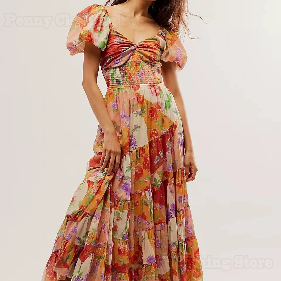 2025 г. богемное платье трапециевидной формы с v-образным вырезом и большой подол со