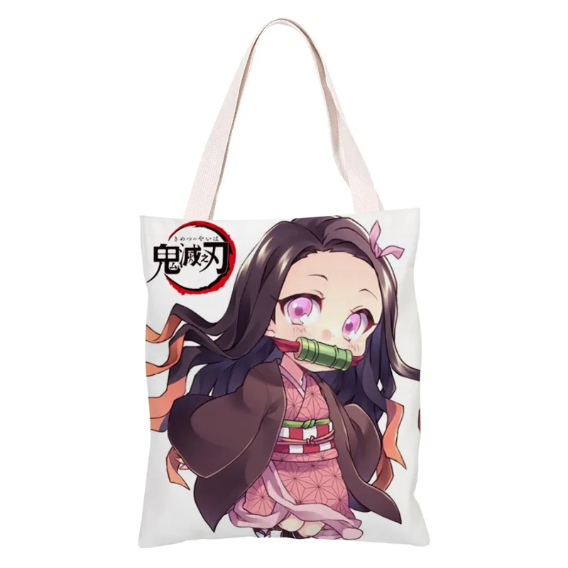 Anime Demon Slayer Women Canvas Bag Femal Kamado Nezuko Figures Shoulder Bag Harajuku Large Capacity Vintage Cartoon Shopper Bag