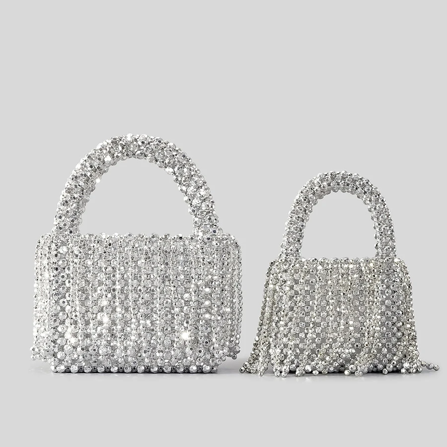 Fashion Acrylic Beading Tassel Women Handbags Silver Beaded Handbags Handmade Woven Summer Beach Small Tote Party Purses 2023