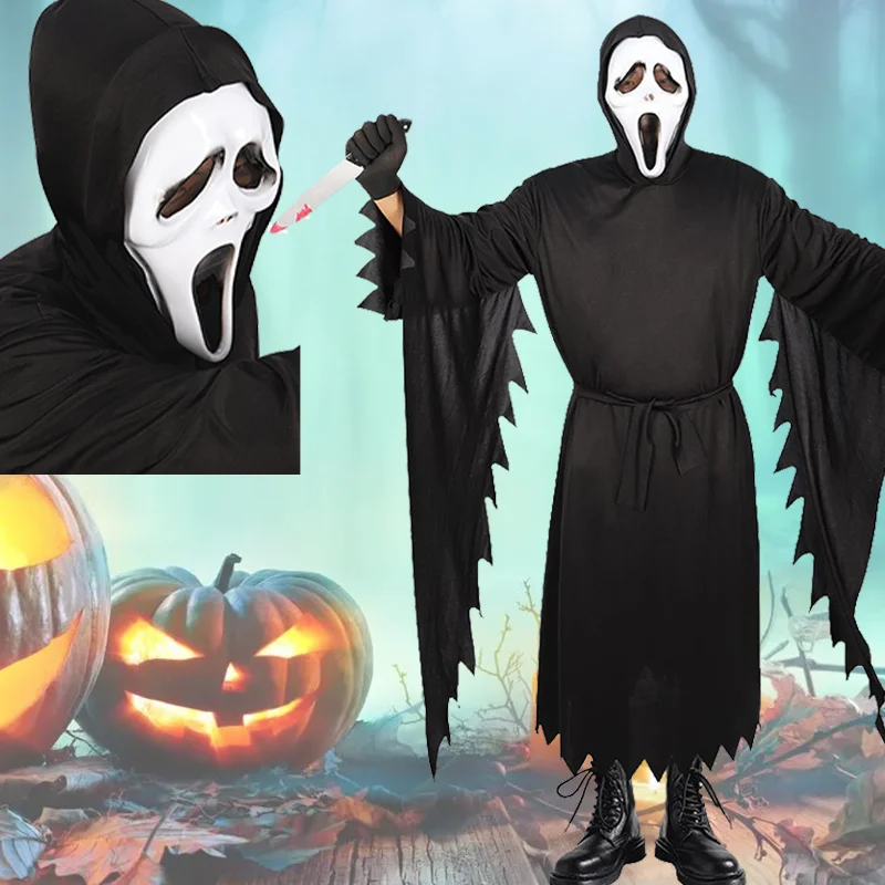 

Костюм призрака-демон на Хэллоуин 2023, костюм для мужчин и женщин, костюм чёрного крика, смерть, демон, мрачный жнец, косплей, одежда с маской
