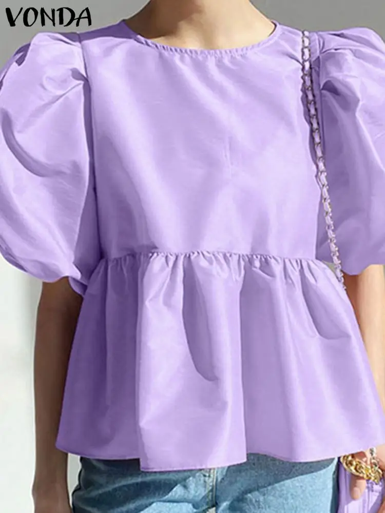 

Рубашка VONDA женская с коротким рукавом-фонариком, стильная блузка в уличном стиле, повседневная однотонная сорочка с круглым вырезом, топ в ...